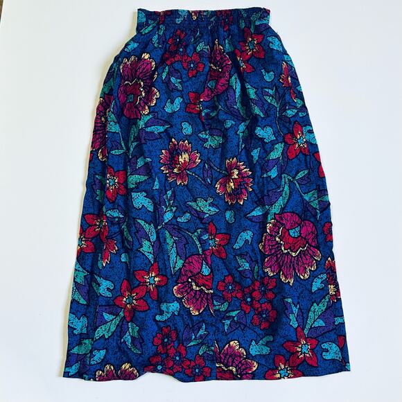 Vintage Floral Boho Midi Skirt High Waisted Pleated Colorful Retro Cottagecore - Picture 9 of 10